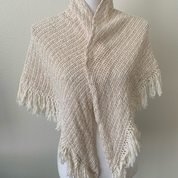 Cream Knit Fringe Shawl - Picture 1 of 6